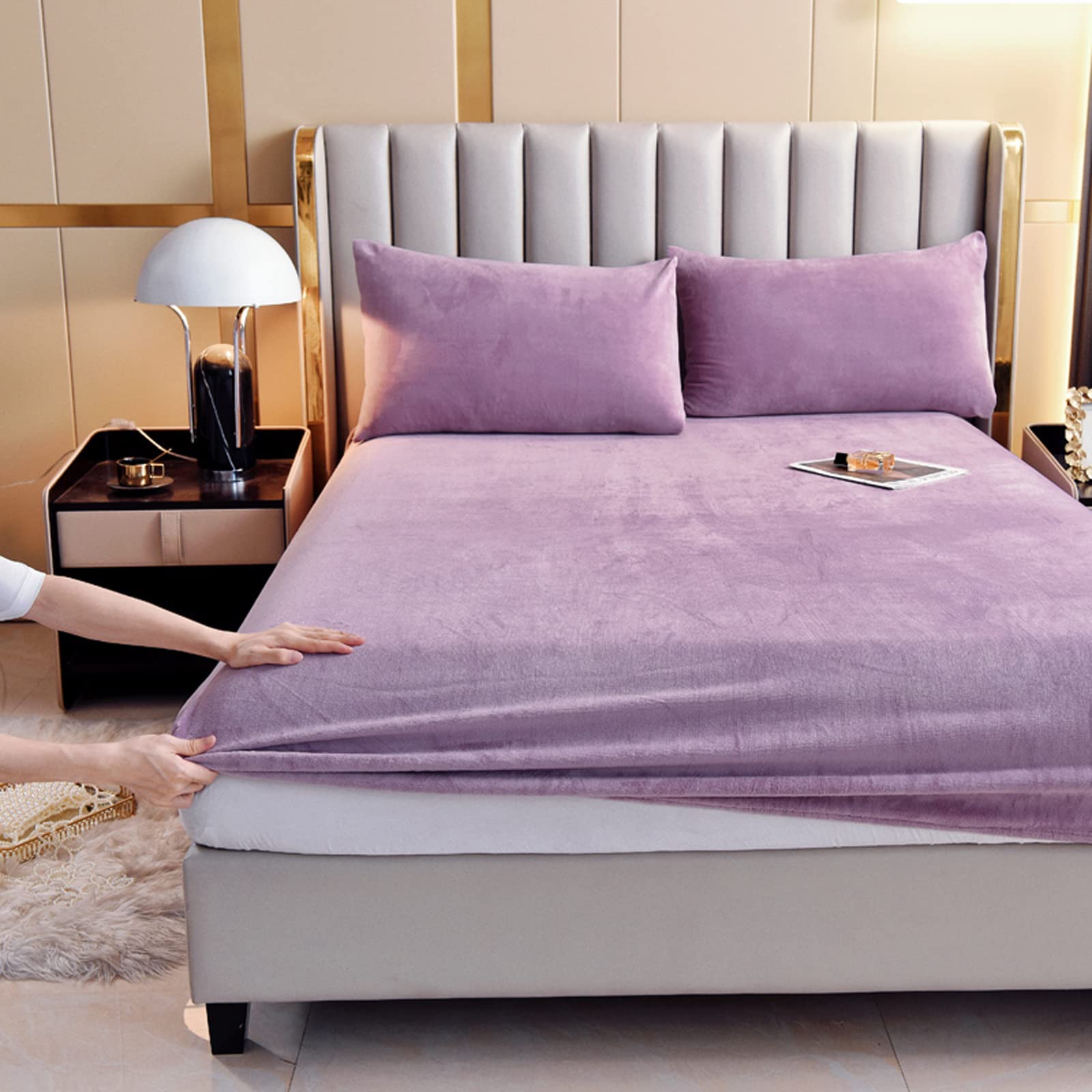 Lweipsqlin Velvet Fitted Sheet,Fleece Plush Bed Sheet Mattress Protector Cover With 15' Deep Pocket Warm Fuzzy Bottom Sheet (No